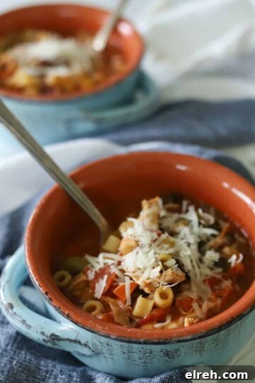 Chicken minestrone soup in blue bowl.
