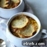 French onion soup in soup bowl with bread and cheese.