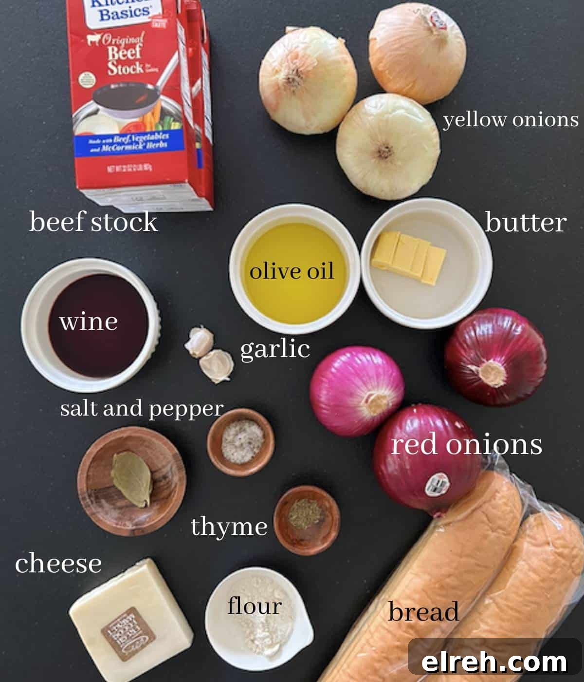 Panera Copycat French Onion Soup Recipe - Bistro-Style 3 Ingredients for French onion soup on countertop.