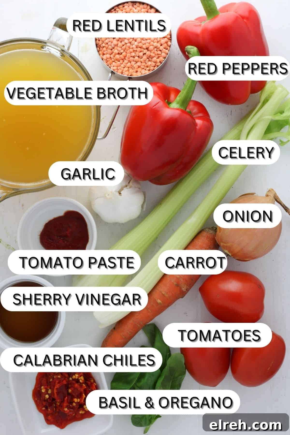 Ingredients for lentil and red pepper soup displayed on a table.