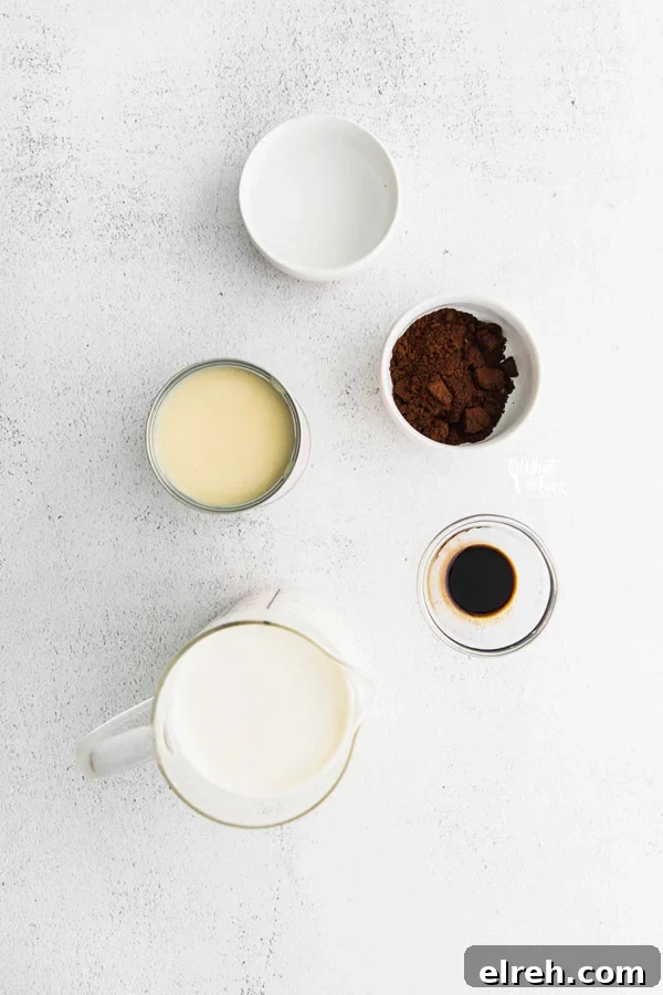 ingredients in individual bowls for a No Churn Coffee Ice Cream Recipe