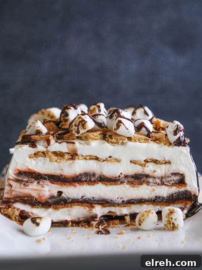 No-Bake S'mores Icebox Cake Recipe 4 Layers of chocolate pudding, marshmallow whipped cream and graham crackers make up this S'mores Icebox Cake