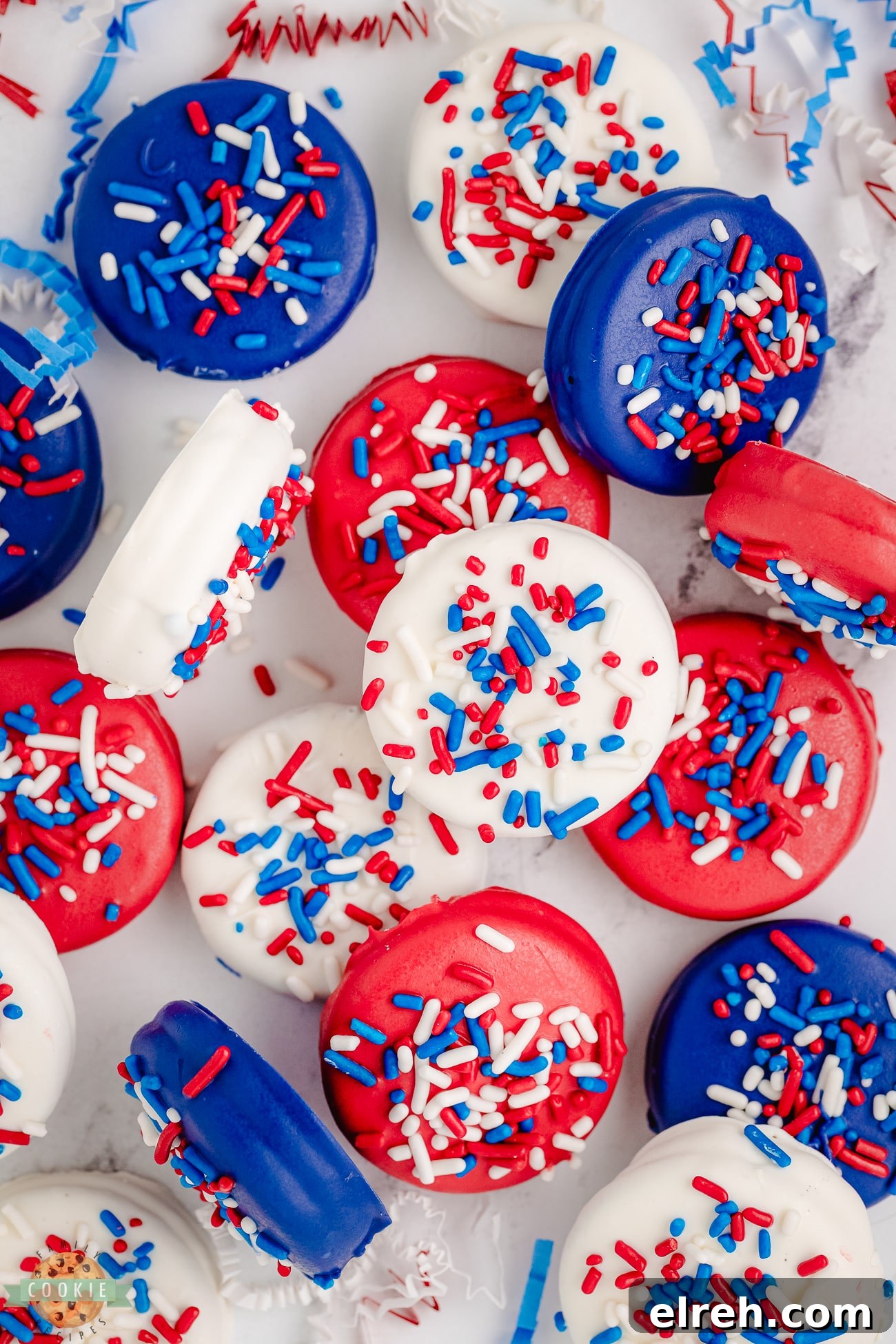 festive 4th of July red, white and blue chocolate covered Oreos