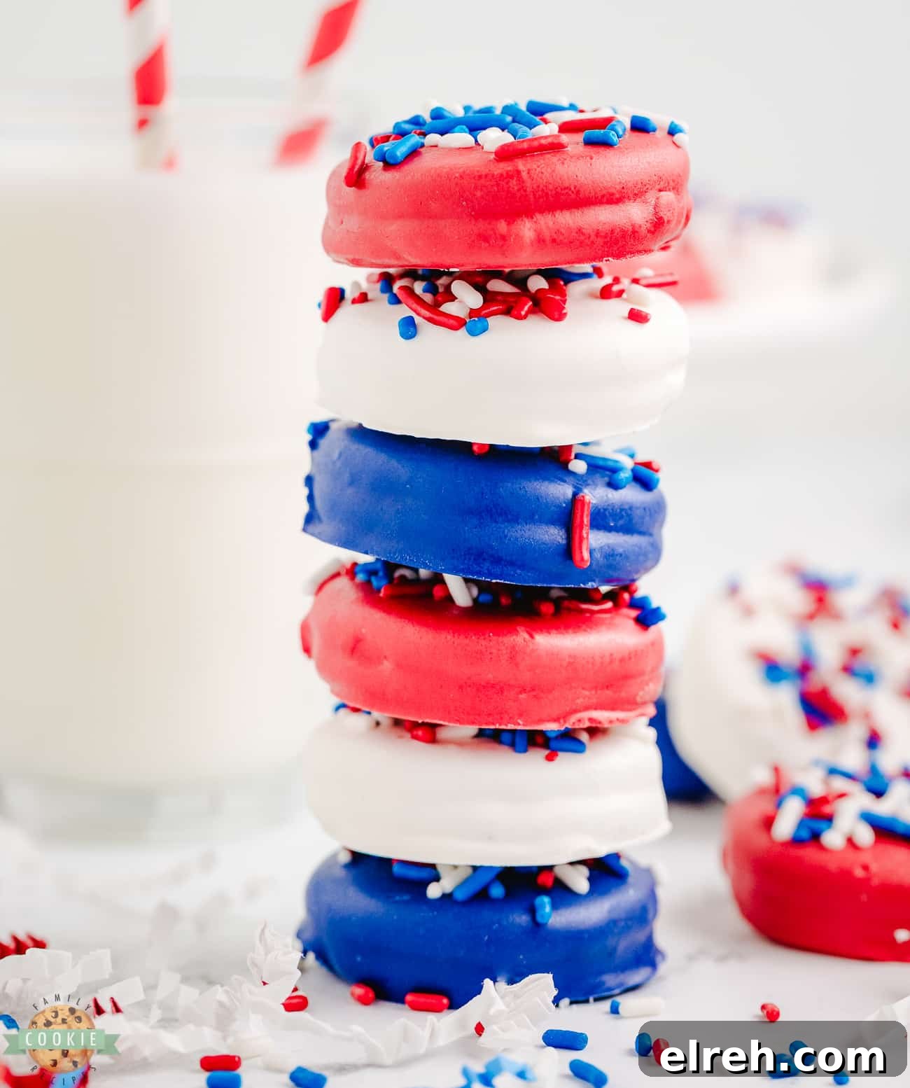stack of patriotic chocolate covered oreos