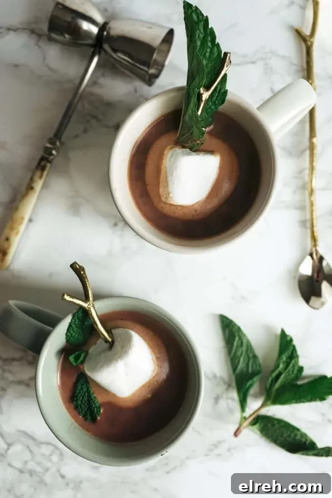 Creme de Menthe Hot Chocolate Recipe 4 overhead photo of two cups of boozy mint hot chocolate