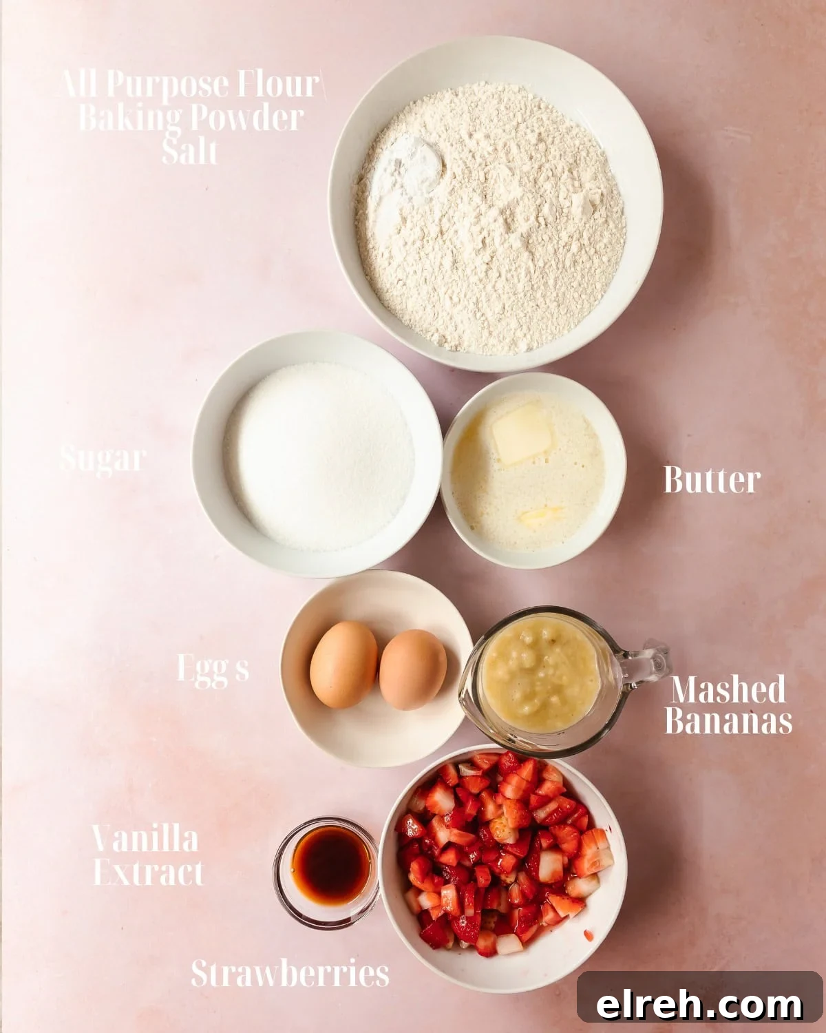 Moist Strawberry Banana Muffins Recipe 3 All Purpose Flour: To make these fluffy strawberry and banana muffins gluten free, use a good 1-1 gluten free flour. I recommend using the one from Bob’s Red Mill. Measure the flour based off weight (240 g) versus cup for cup.
Baking Powder: This recipe has not been tested to include baking soda.
Granulated Sugar: This banana and strawberry muffin recipe calls for granulated sugar, but maple sugar would also work well to make these muffins refined sugar free.
Mashed Banana: Make sure the bananas are fully ripened with some brown spots for the best strawberry banana muffins.
Unsalted Butter: Feel free to use your preferred butter.
Eggs: This recipe has not been tested without eggs.
Vanilla Extract: This adds a lovely background flavor that pairs really well with strawberries.
Strawberries: Fresh strawberries are the best option for these muffins. Frozen strawberries have too much liquid and will create mushy muffins.