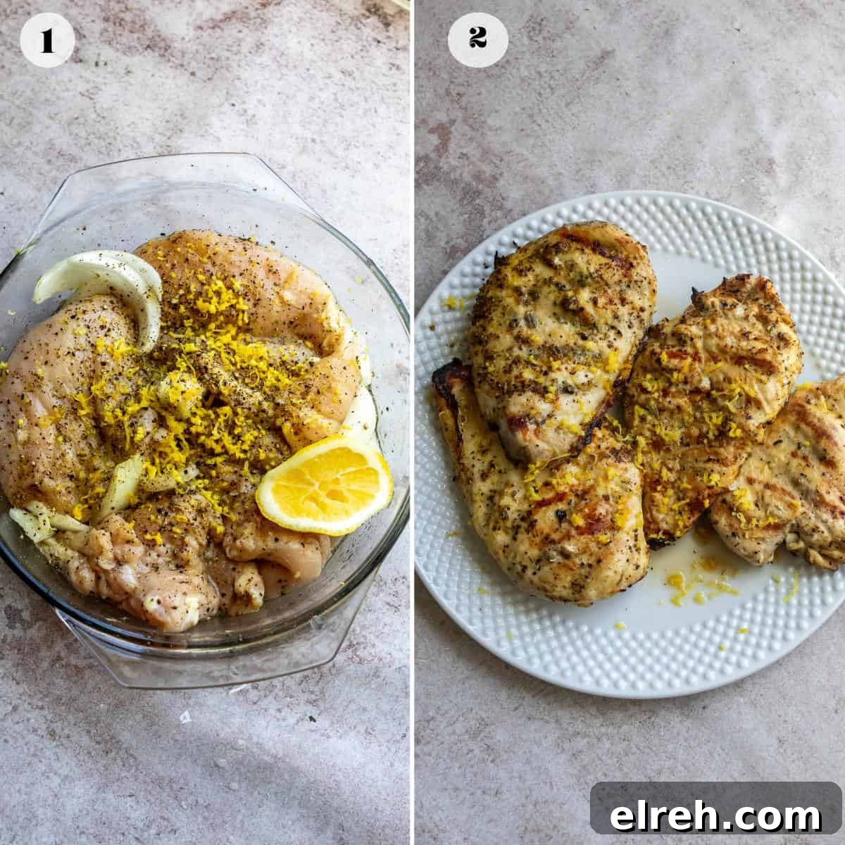 Garlic Lemon Herb Chicken Recipe 4 Step-by-step images showing lemon herb chicken being prepared in a glass bowl and on a plate.
