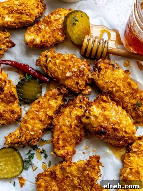 Garlic Lemon Herb Chicken Recipe 6 Hot honey chicken tenders on parchment paper with pickles on the side.
