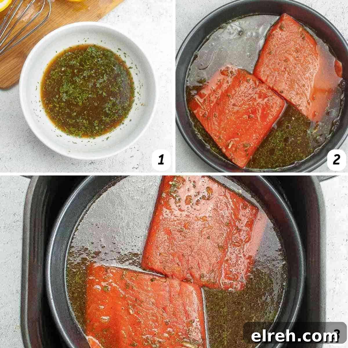 Three panel grid of process shots - whisking sauce, pouring over salmon, and placing in the air fryer.