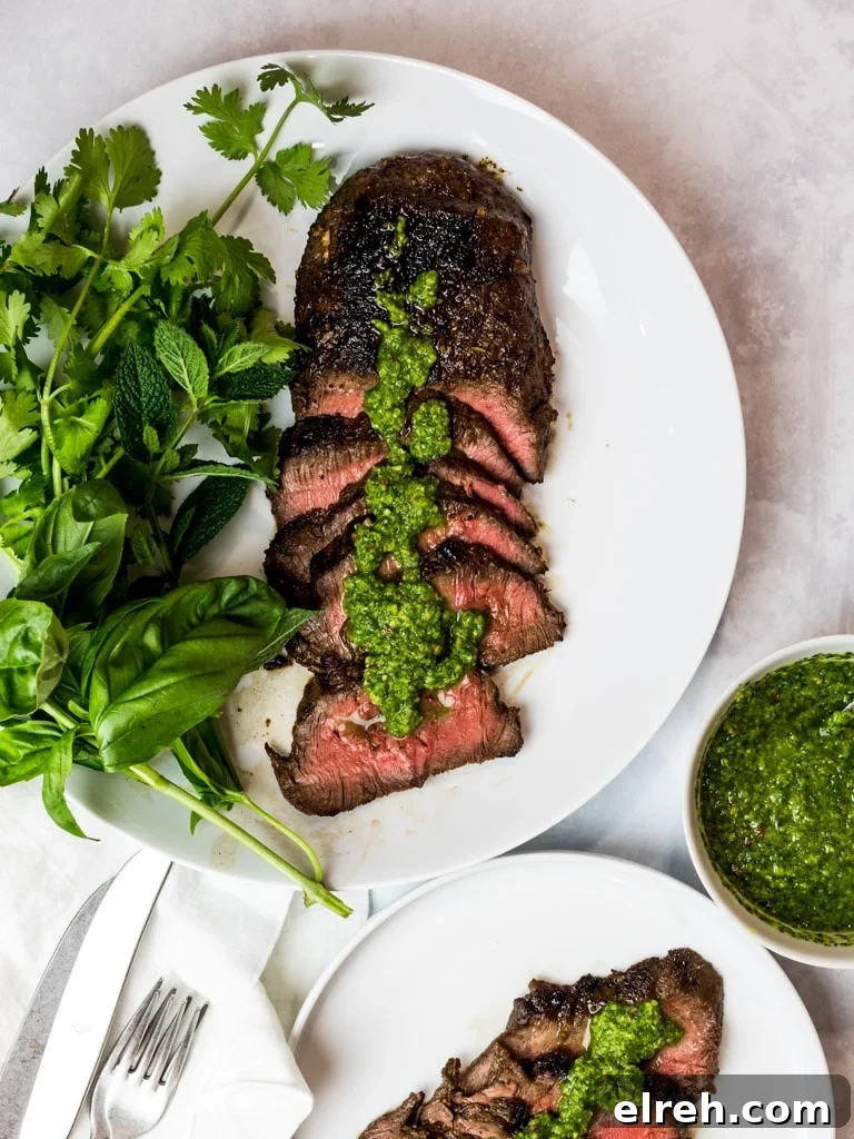 Asian marinated flank steak, chimichurri steak