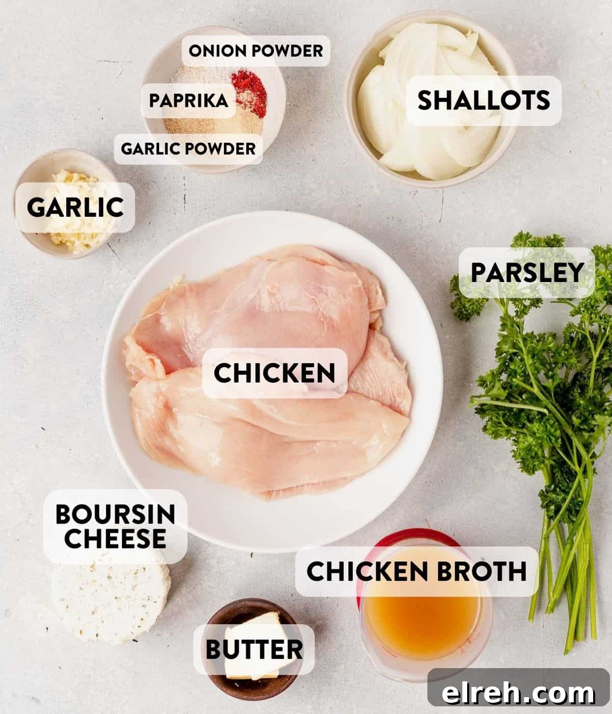 ingredients for boursin chicken on a counter.