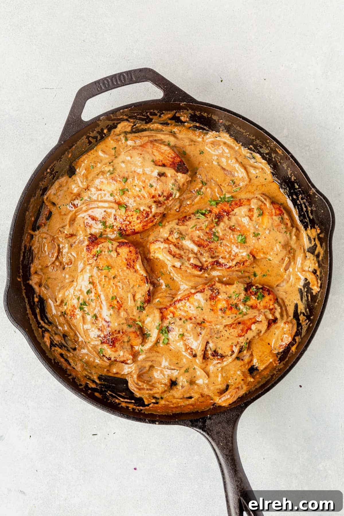 boursin chicken recipe completed in a cast iron pan