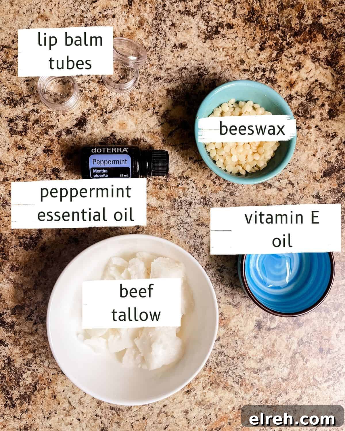 How to Make Tallow Lip Balm for Soft, Hydrated Lips 3 Tallow lip balm ingredients assembled and labeled.