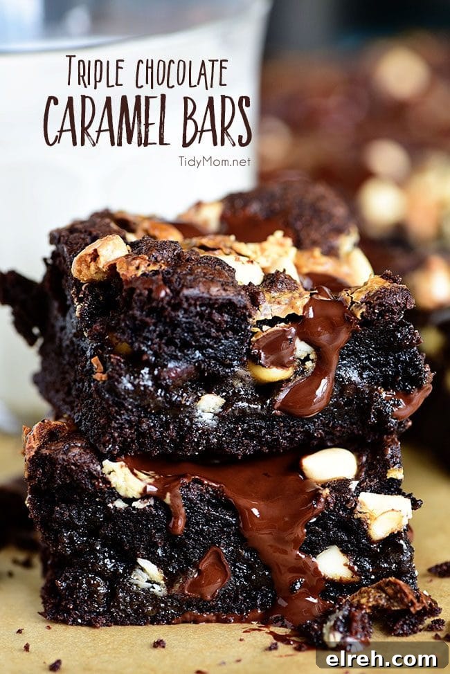 Triple Chocolate Caramel Bars are like a thick chewy brownie only better!! These indulgent cake mix bars are always a hit and easy to make! Print the full recipe at TidyMom.net