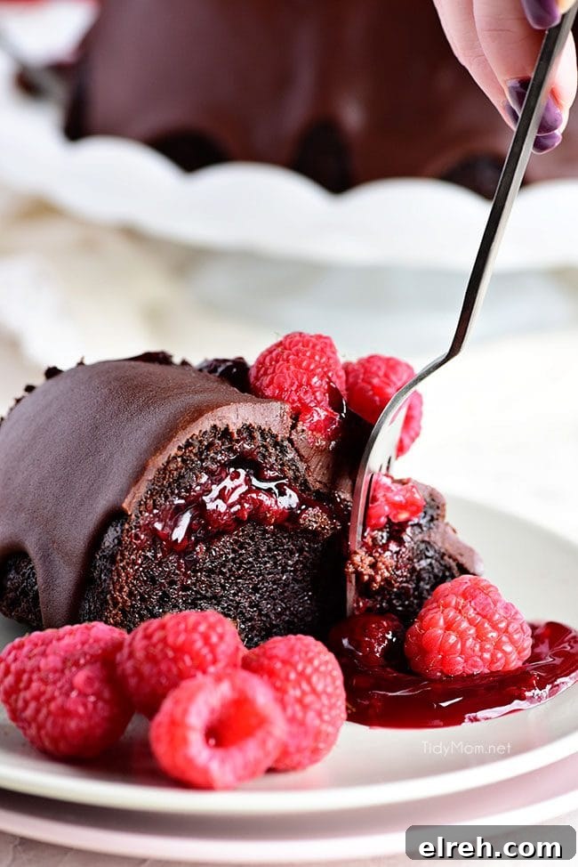 Chocolate Raspberry Bundt Cake with a surprise raspberry filling and a Chocolate Chambord Glaze will put any chocolate lover into a state of pure bliss. Get the full recipe at TidyMom.net