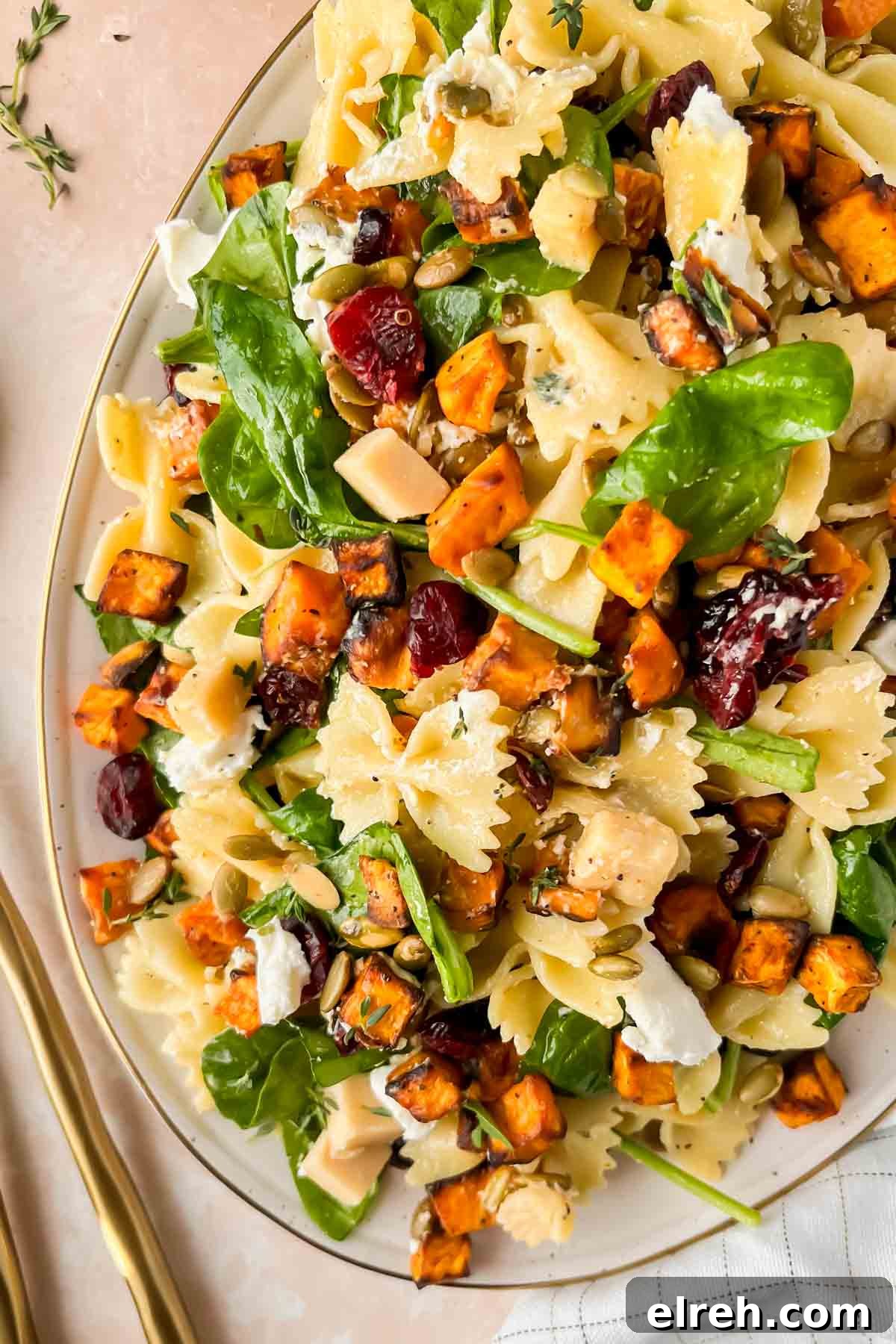 Fall Pasta Salad with Roasted Butternut, Cranberries and Feta 2 Fall pasta salad tossed and plated on white serving tray.
