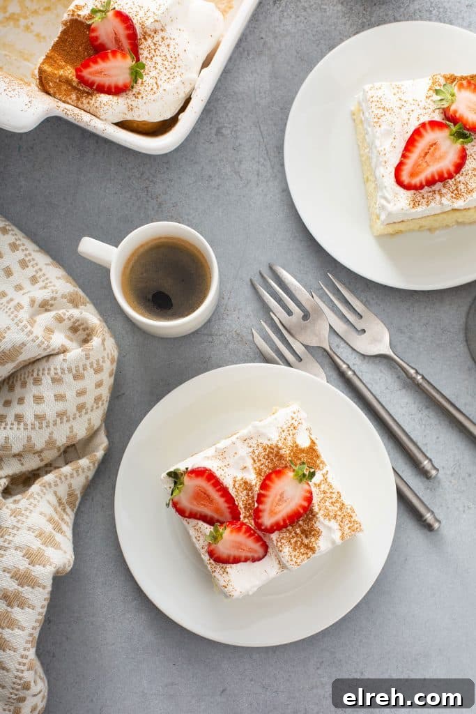 Top view of slices of cake garnished with cinnamon and strawberries on white plates