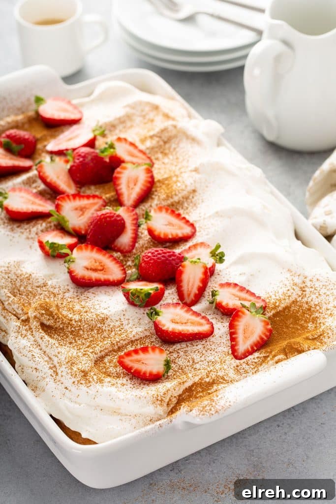 Whole tres leche cake, frosted with cinnamon and halved strawberries