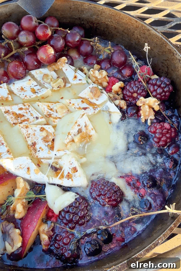Campfire brie cheese dip with berries.