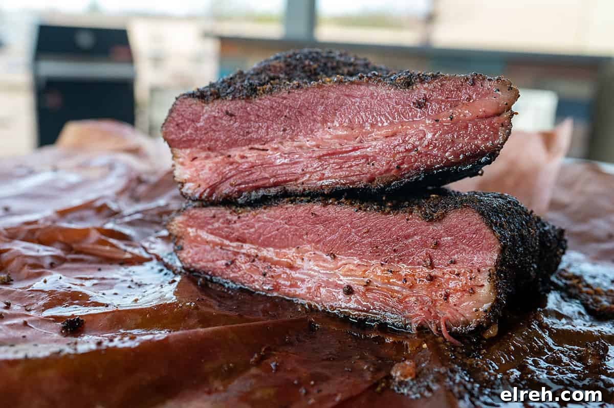 brisket pastrami sliced in half by Hasty Bake Smoker.
