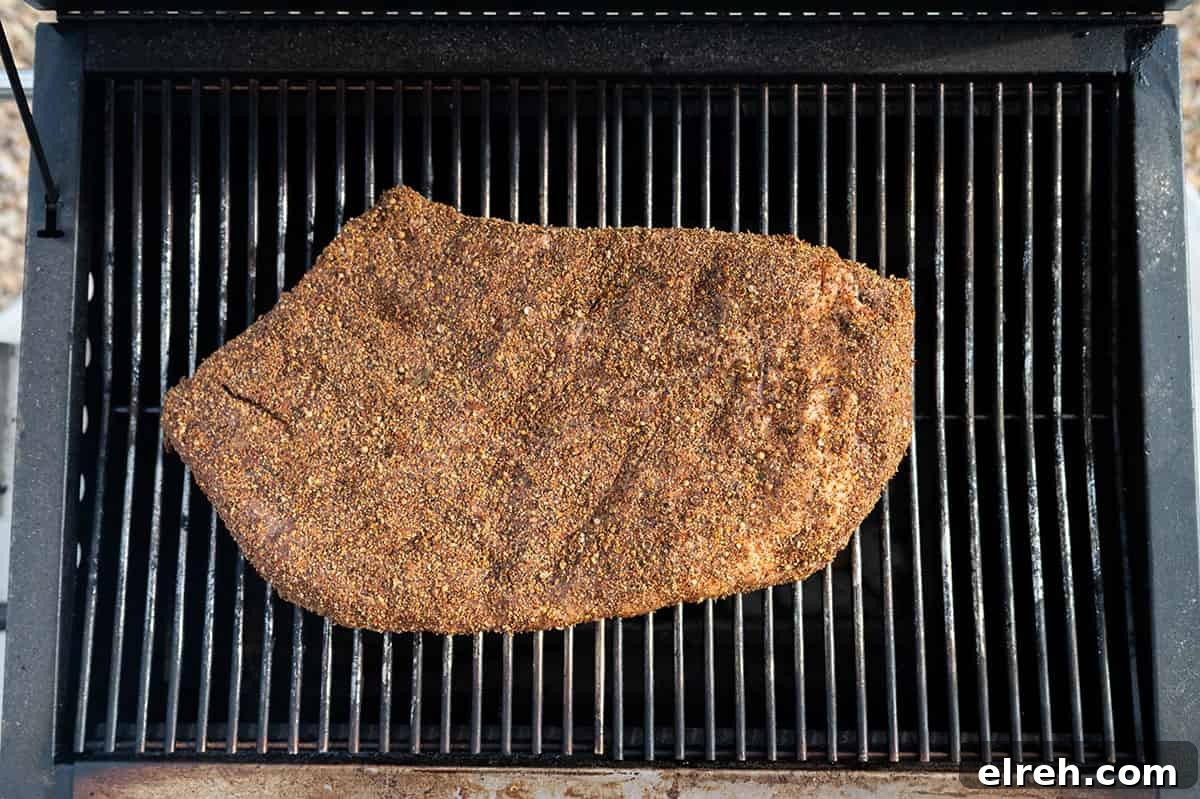 corned beef brisket on smoker. 