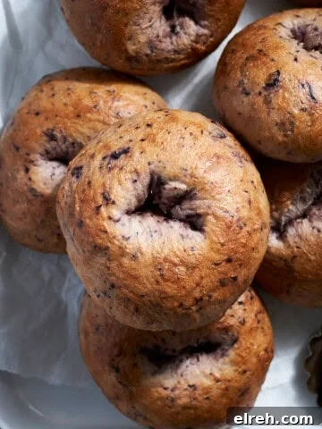 A stack of Sourdough Discard Blueberry Bagels.
