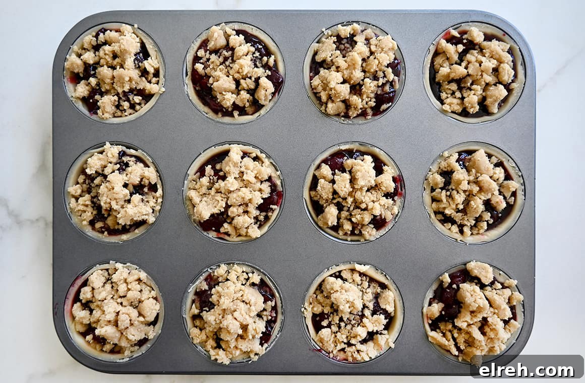 A top-down view of unbaked mini muffin pan pies