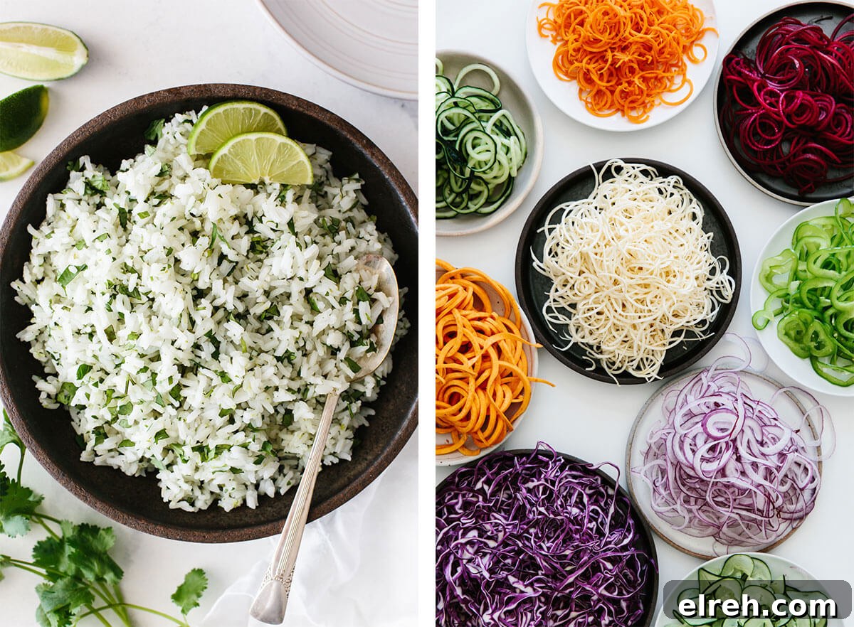 Ingredient meal prep recipes with rice and spiralized vegetables.
