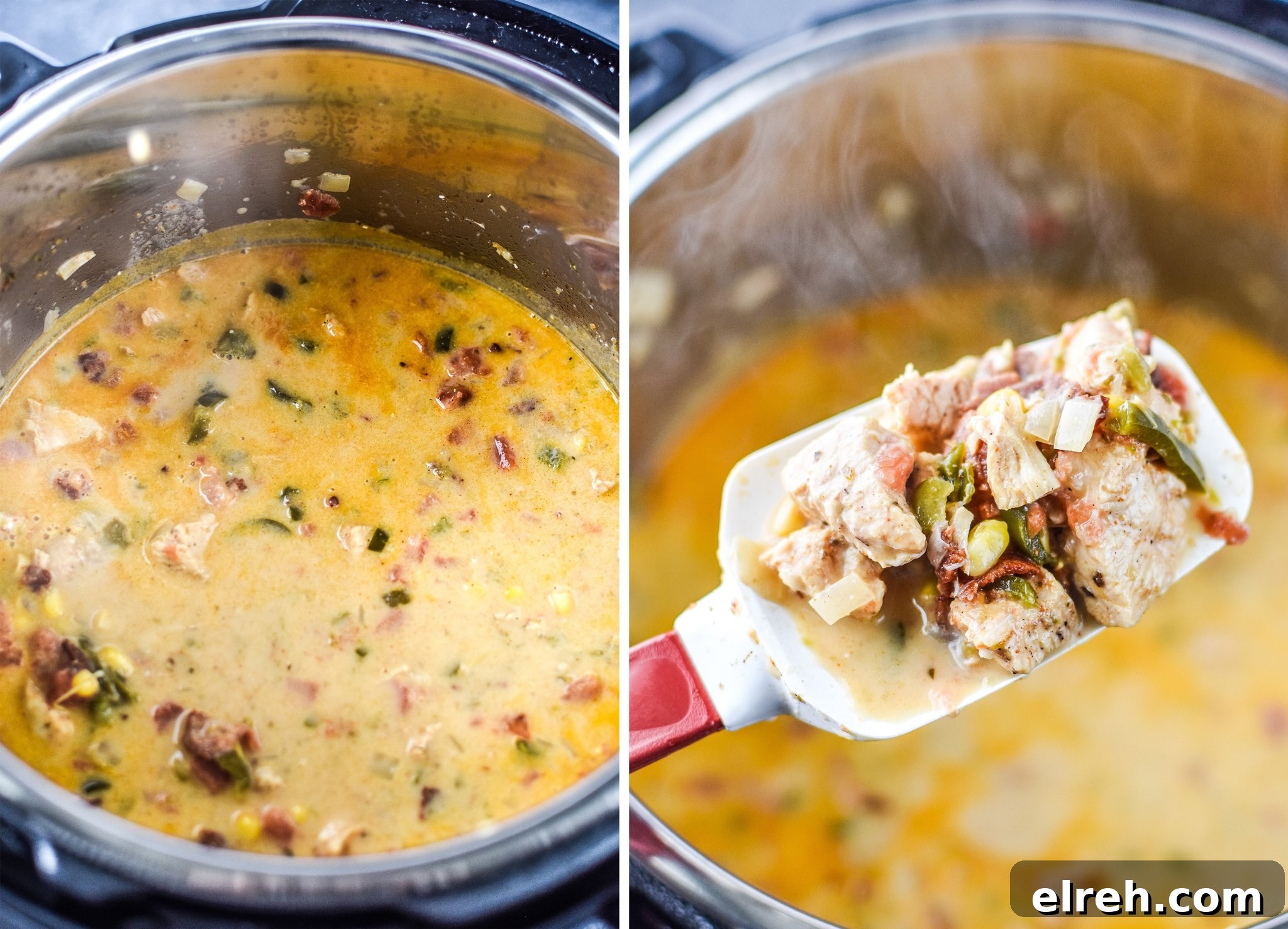 Two photos: Hearty soup made in the Instant Pot on the left; Spoonful of soup steaming hot on the right.