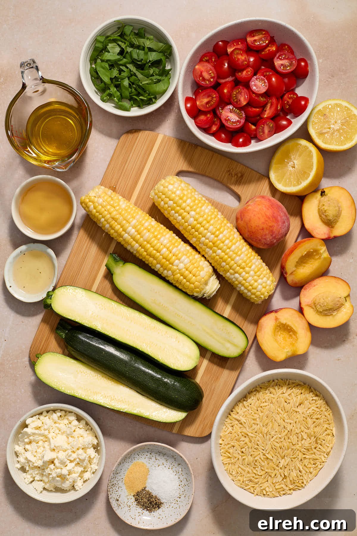 Grilled Vegetable Orzo Salad with Summer Peaches 3 Ingredients for grilled summer vegetable orzo salad arranged individually.