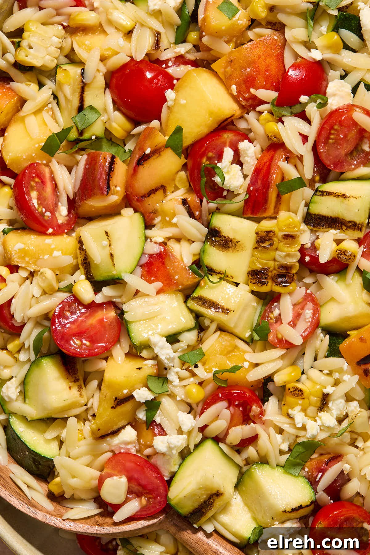Grilled Vegetable Orzo Salad with Summer Peaches 10 Close up of the grilled summer vegetables in the orzo salad.