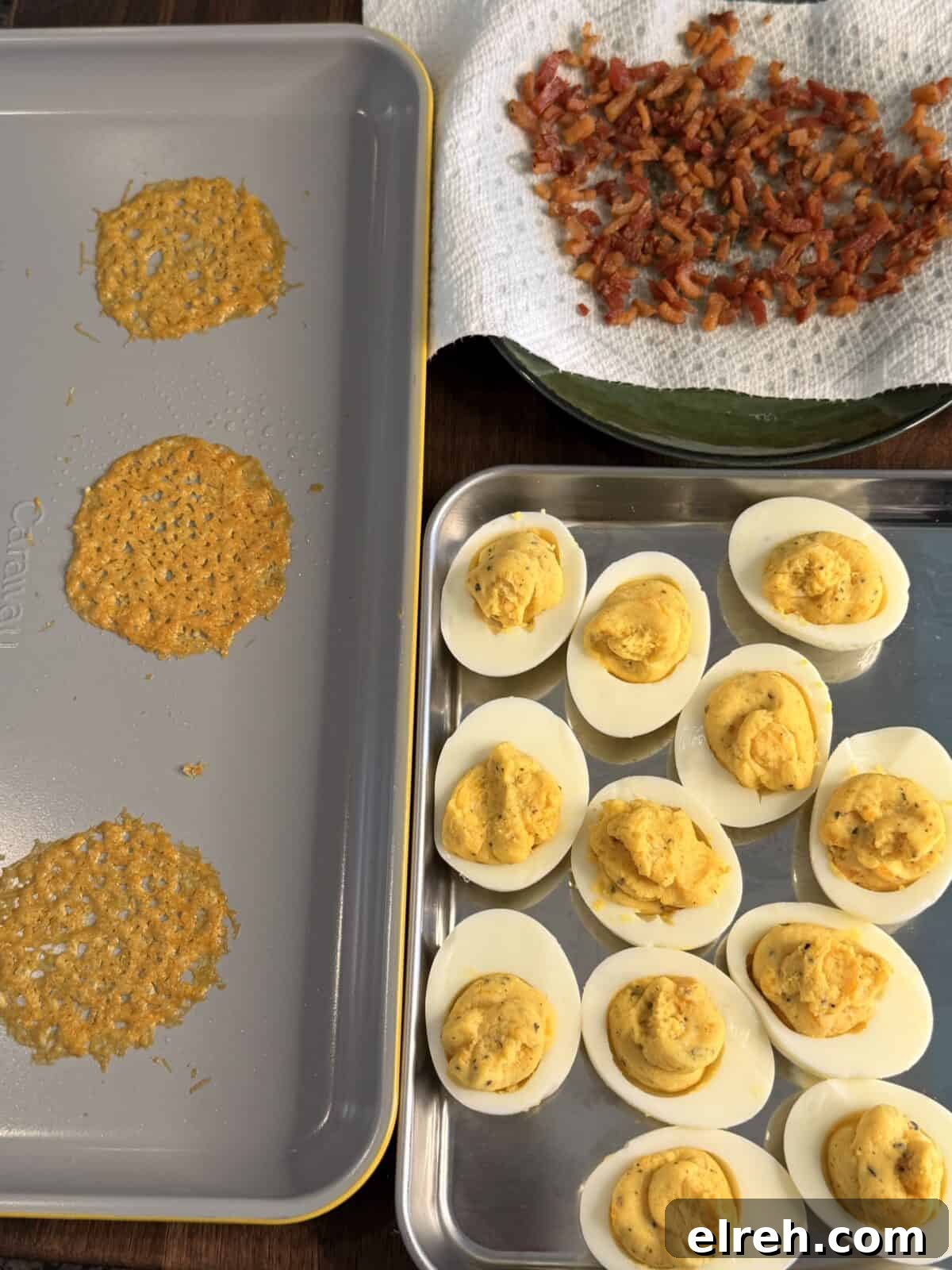 Carbonara-Style Deviled Eggs with Crispy Pancetta 3 Parmigiano crisps and guanciale