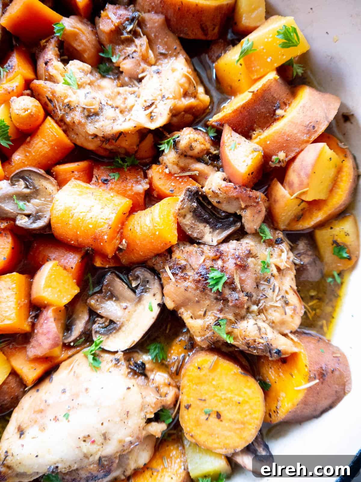 Maple Peach Chicken Thighs in a Dutch Oven 2 Dutch Oven Maple Peach Chicken Thighs freshly cooked.