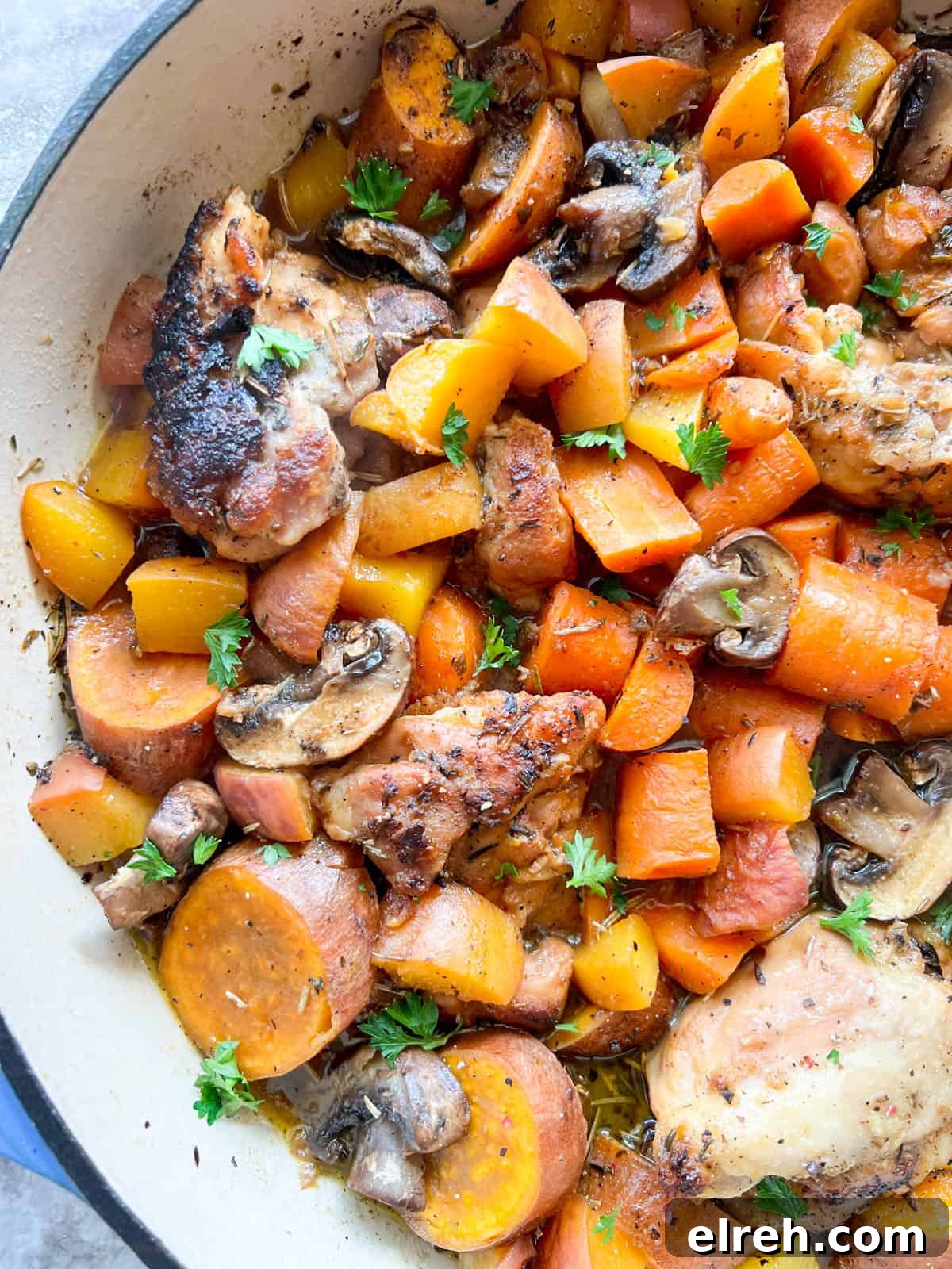 Maple Peach Chicken Thighs in a Dutch Oven 11 Maple peach chicken fully cooked and ready to be served.