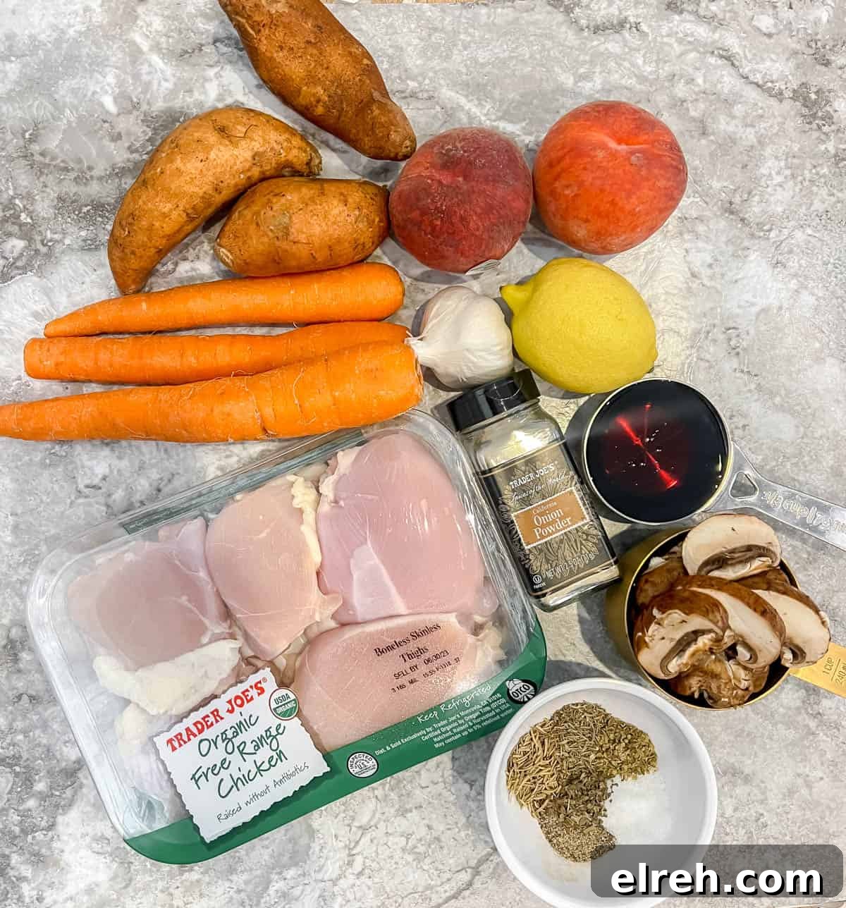 Maple Peach Chicken Thighs in a Dutch Oven 3 Ingredients needed to make peach chicken.