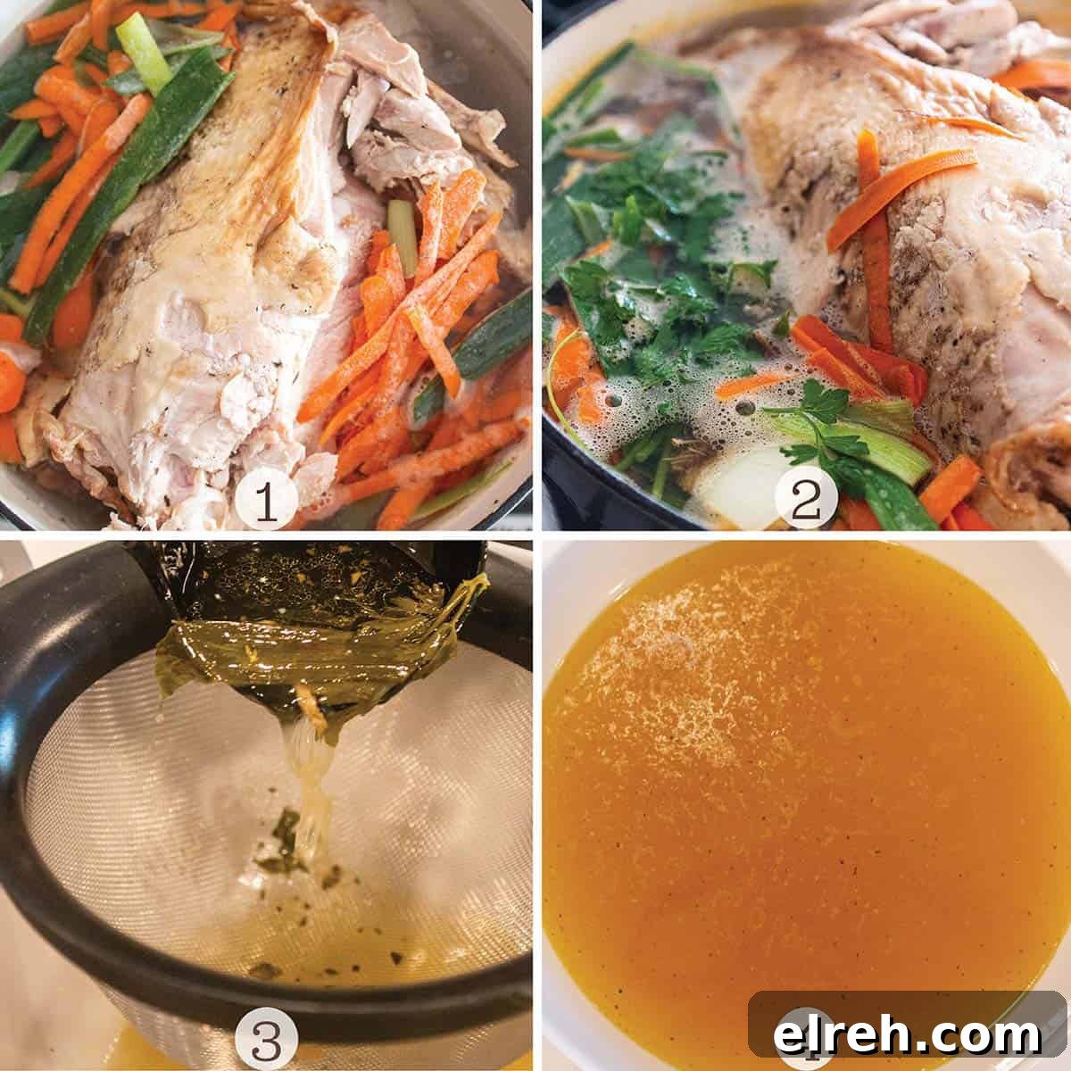 Turkey carcass simmering with vegetables and broth being strained.