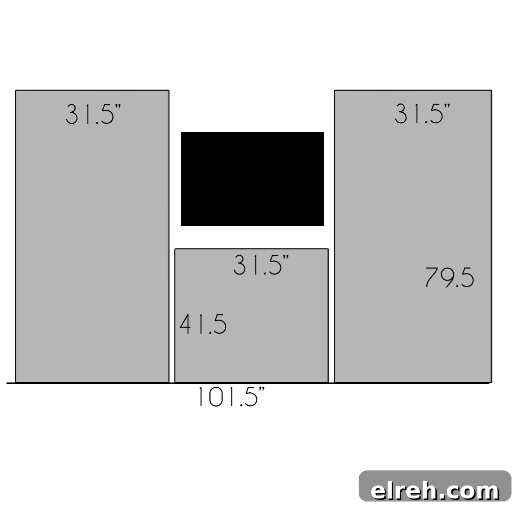Turn IKEA Billy Bookcases into Built-In Shelving 4 plan with dimensions for cabinets.