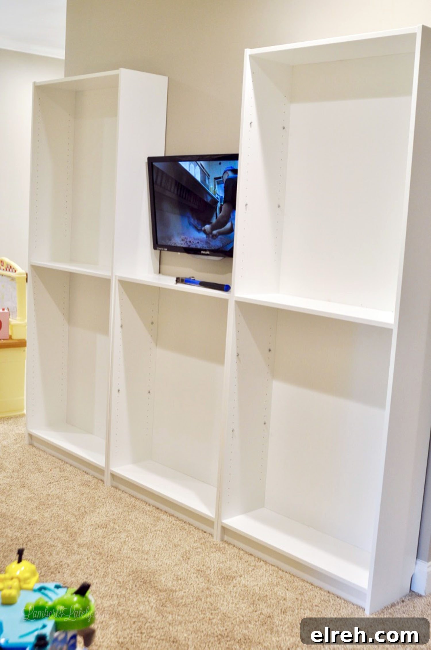 Turn IKEA Billy Bookcases into Built-In Shelving 6 after placing cabinets against wall.