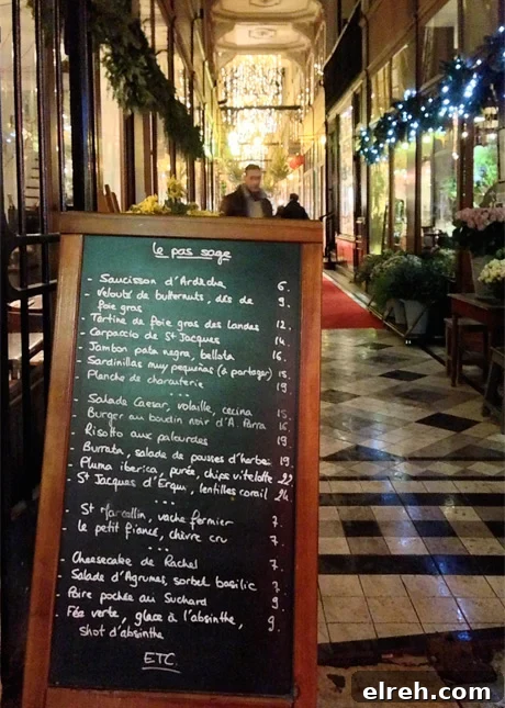 The menu of Café Le Pas Sage, a hip and chic wine bar in Le Passage du Grand Cerf, Paris // FoodNouveau.com