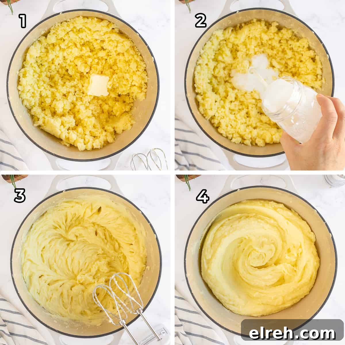 Creamy Buttermilk Mashed Potatoes Recipe 6 Butter and buttermilk are added to cooked potatoes and mixed with a hand mixer.