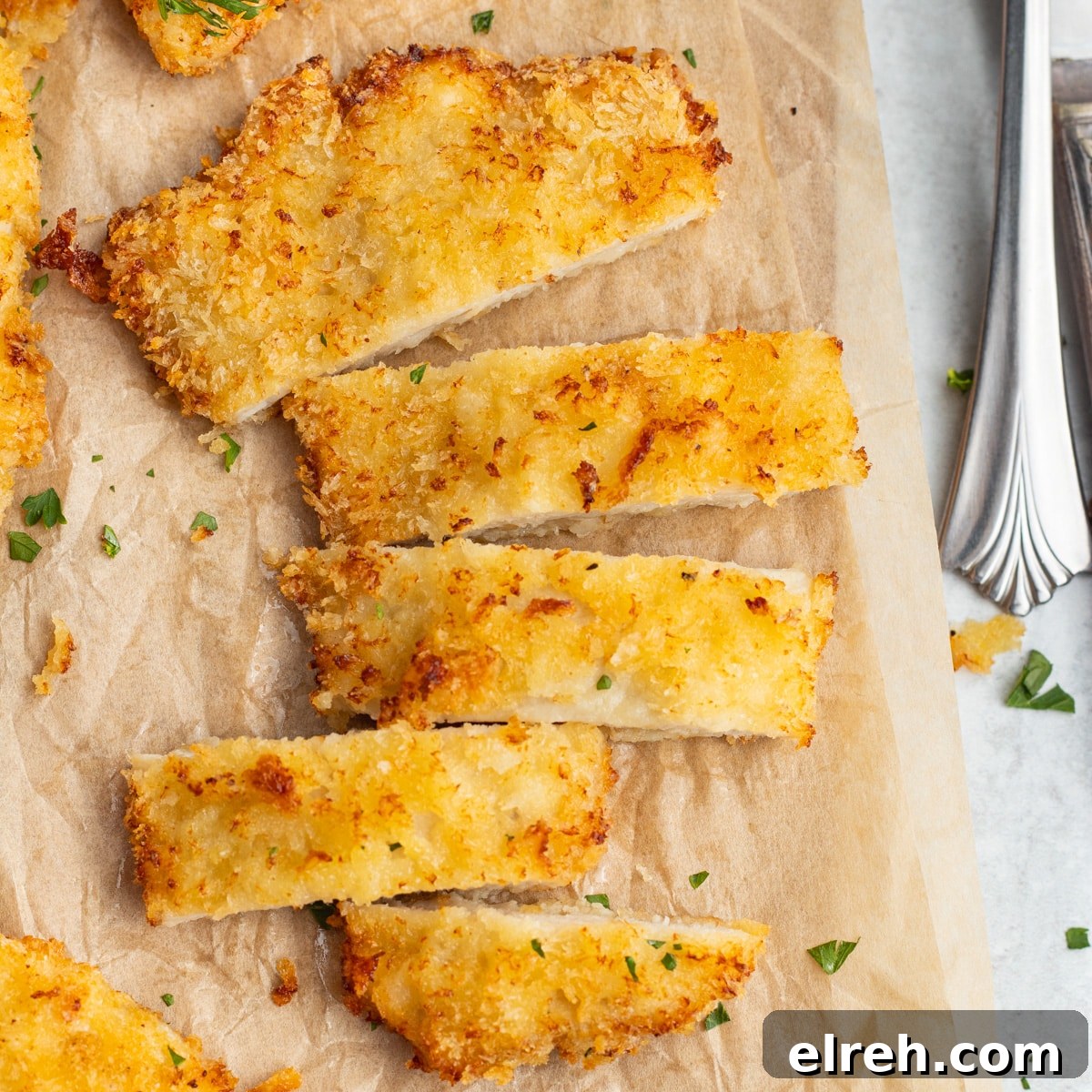 Sliced air fryer chicken cutlets.