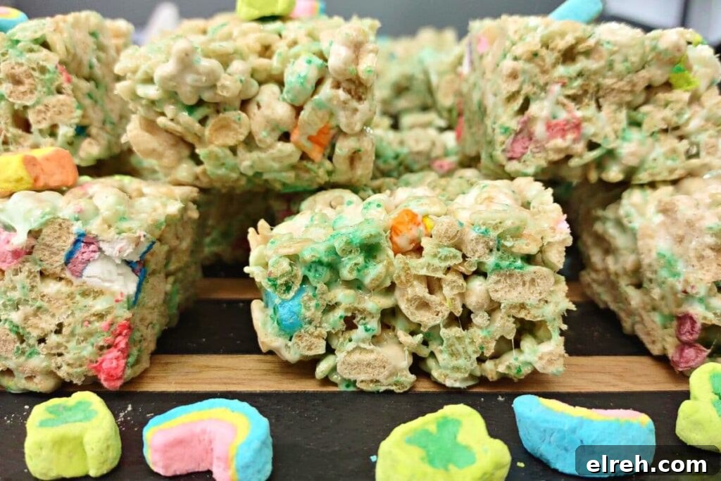 closeup cross section of lucky charms rice krispie treats made in the microwave