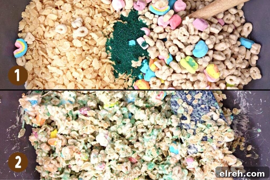 add cereals and sanding sugar to melted marshmallow