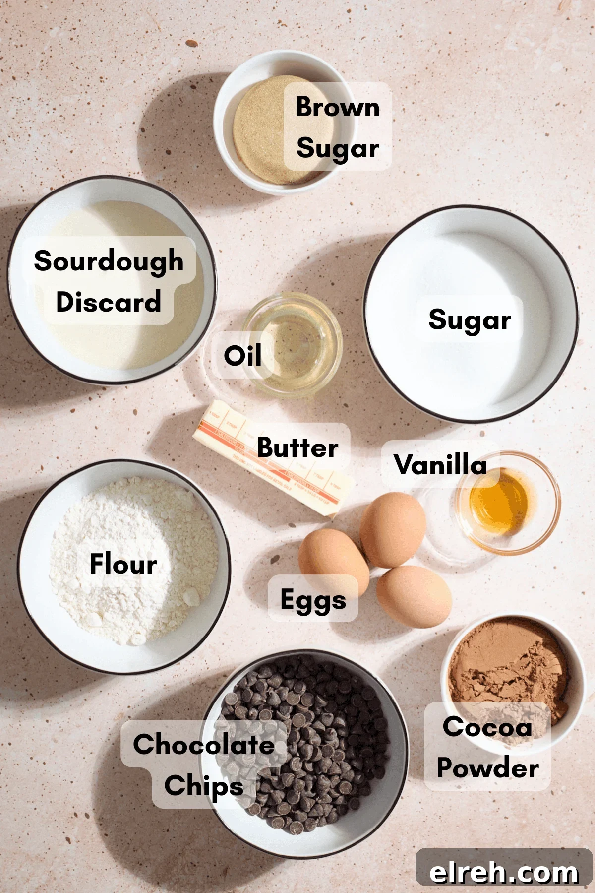 Ingredients for Sourdough Discard Brownies in small bowls.