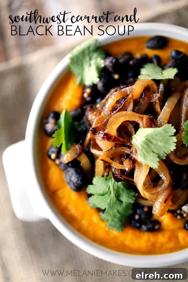 Velvety Southwest Carrot and Black Bean Soup topped with fried onions and cilantro