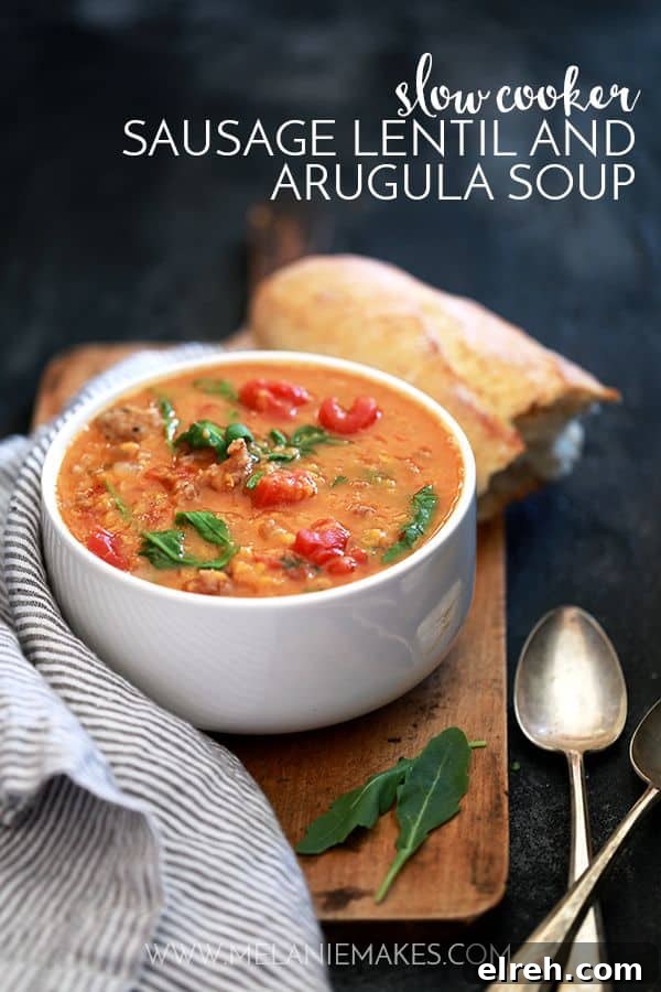 Slow Cooker Sausage Lentil and Arugula Soup