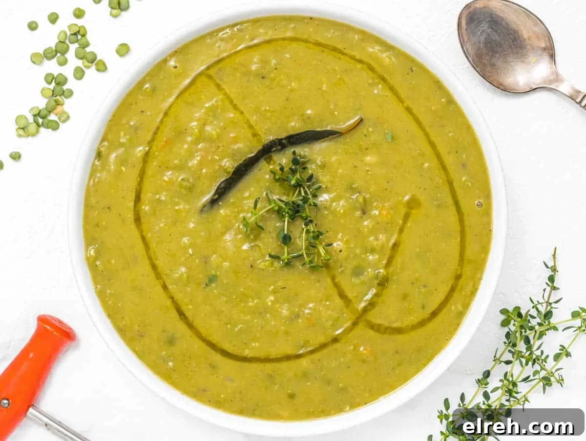 Classic Split Pea Soup Recipe with Ham 11 Split peas soup with oil and spoon
