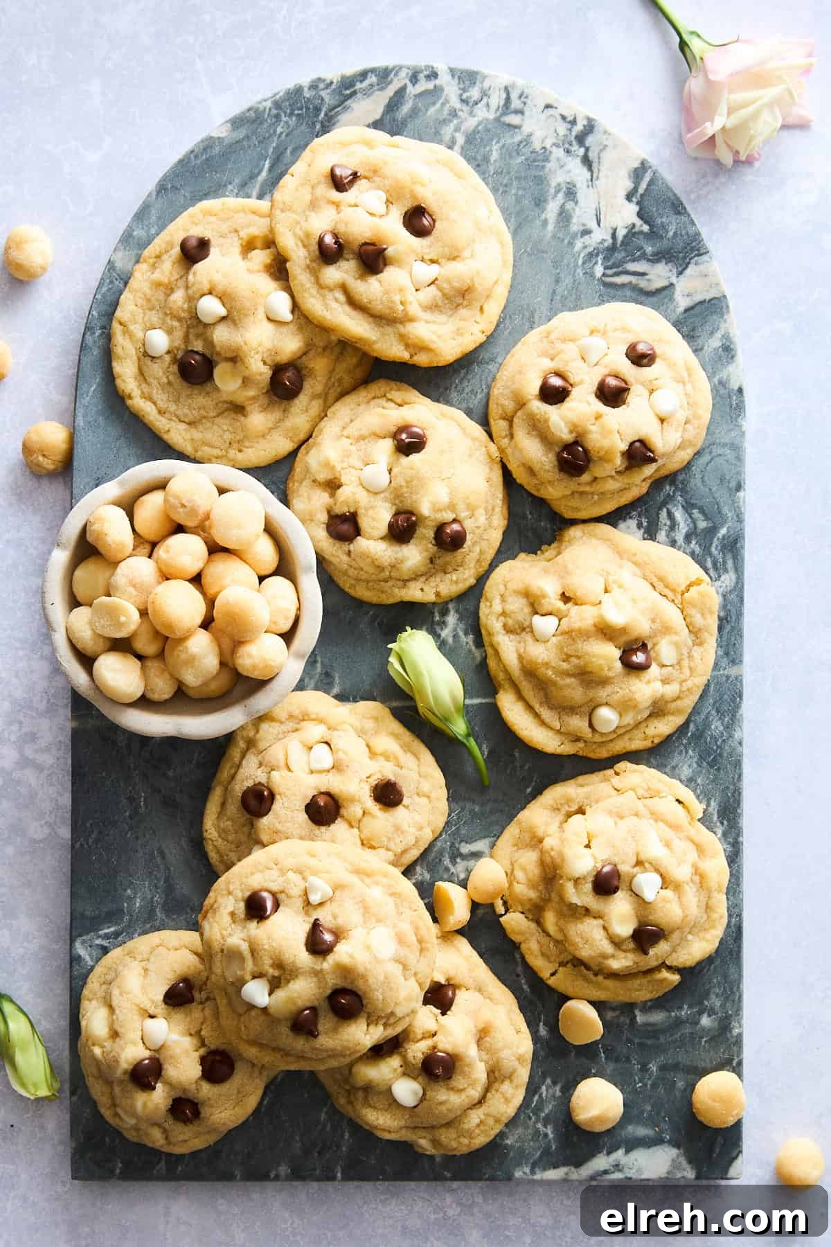 Double Chocolate Macadamia Nut Cookies 2 A platter of chocolate chocolate macadamia nut cookies.