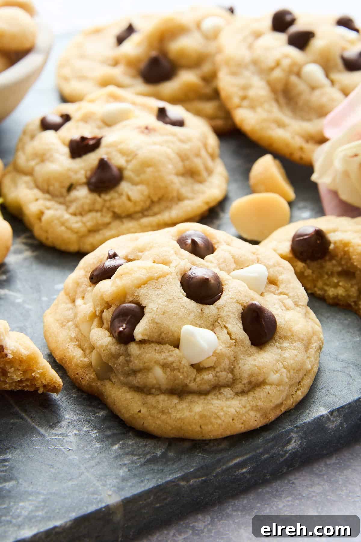 Double Chocolate Macadamia Nut Cookies 3 Close up image of chocolate chocolate macadamia nut cookies.