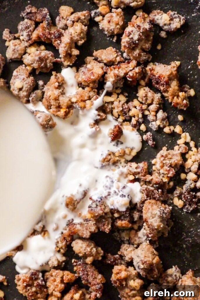 Southern Tater Tot Breakfast with Sausage Gravy and Eggs 2 sausage and milk for gravy